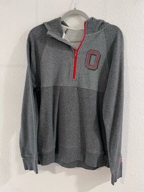 HOMAGE Gray Hooded Half-Zip Sweater with Red Accents